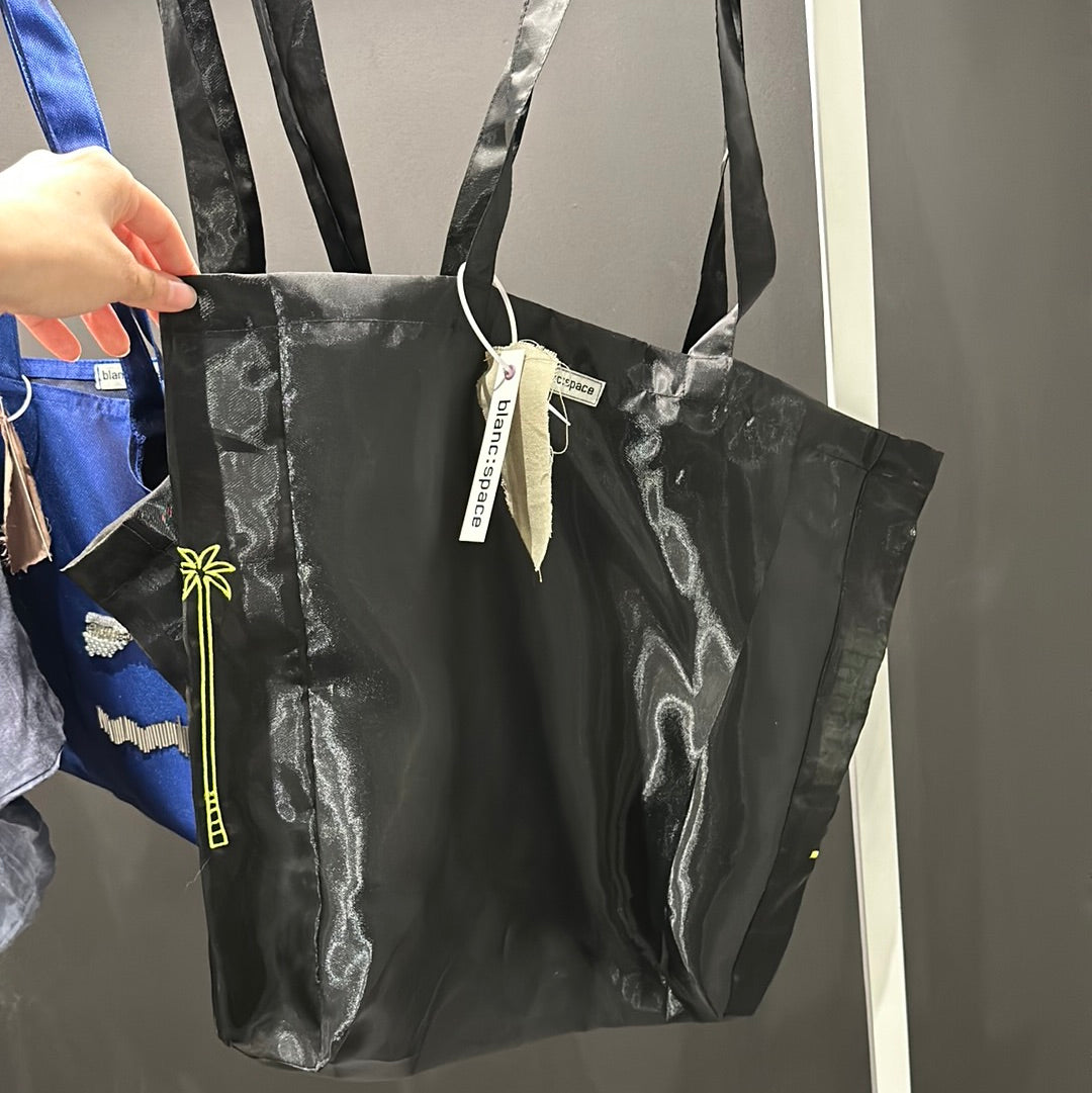 Black and lime green palm tree tote by Blanc. space